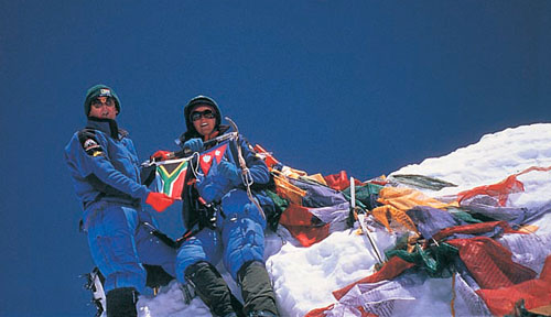 Ian Woodall and Cathy O'Dowd on the summit of Mount Everest. 