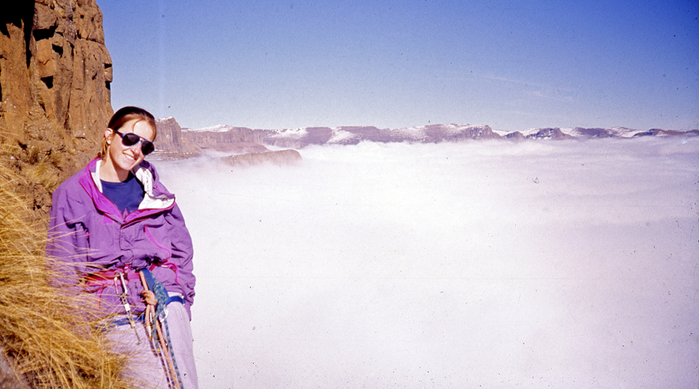 Cathy on that Berg climb - the Angus Leppan route on the Sentinel.