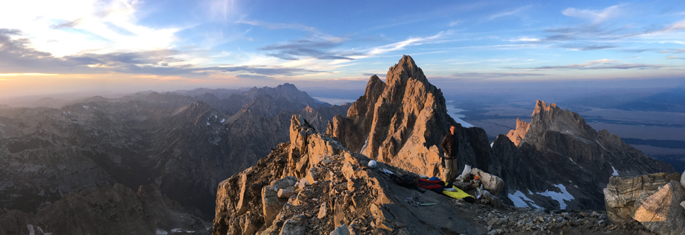 Michael at sunset at the first bivi on the Grand Traverse - at the foot of the north face of the Grand Teton.