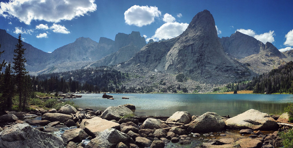 Looking across Lonesome Lake at Pingora - the Northeast face is the righthand skyline. 