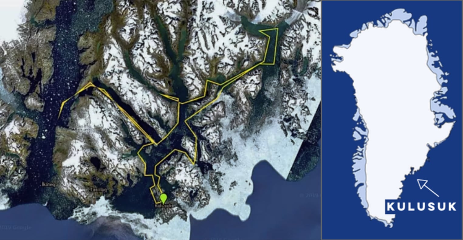 Planned route for Greenland kayak trip